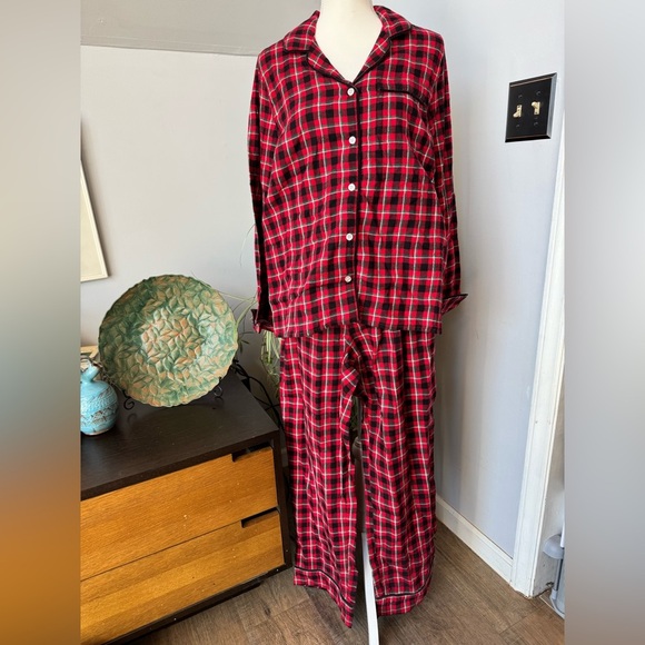 Lands' End Womens 3-Piece Red Plaid Flannel Pajama Set w/ Robe Medium cozy comfy - Picture 2 of 8